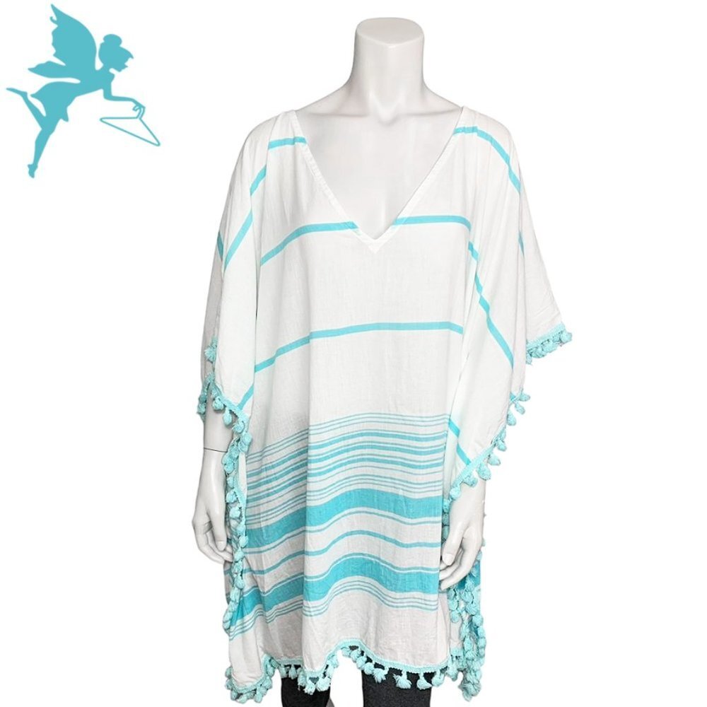 DEBBIE KATZ SUTH BEACH  Striped Beach Cover Up with Pompon Trim